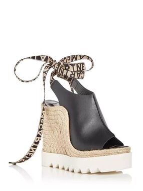 Stella McCartney Black Leather Wedge Espadrille with Logo Ankle Tie